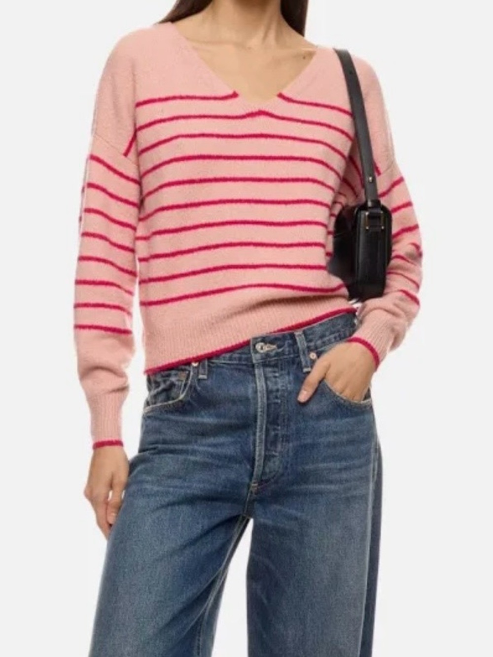 Madewell Blush V-Neck Sweater with Red Stripes